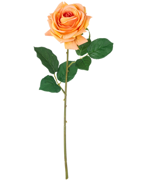 Una flor artificial Rosa hidratante Crystal touch Melocotón Real Touch, de 43 cm de altura con hojas verdes, expuesta sobre un fondo blanco liso.