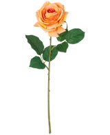 Una flor artificial Rosa hidratante Crystal touch Melocotón Real Touch, de 43 cm de altura con hojas verdes, expuesta sobre un fondo blanco liso.