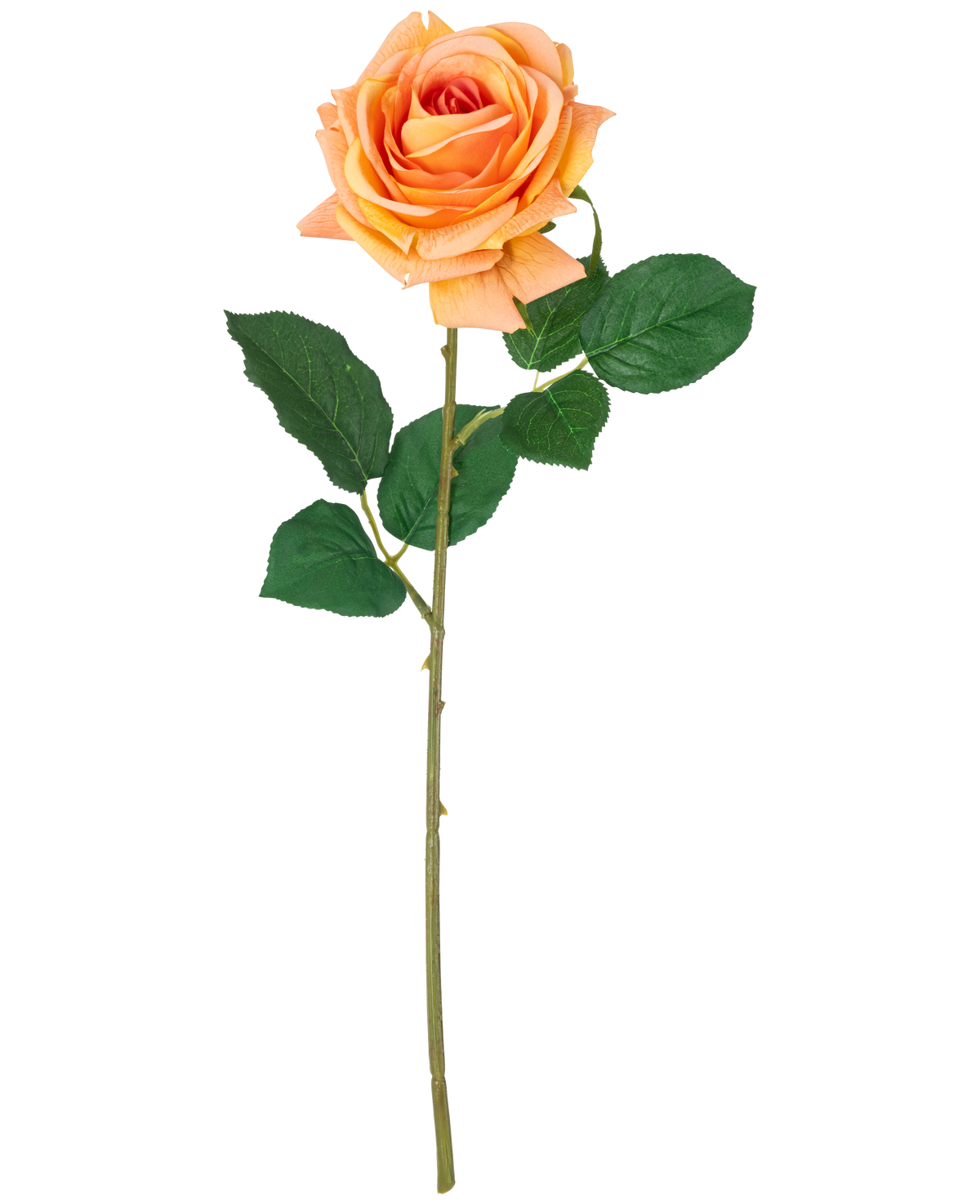 Una flor artificial Rosa hidratante Crystal touch Melocotón Real Touch, de 43 cm de altura con hojas verdes, expuesta sobre un fondo blanco liso.