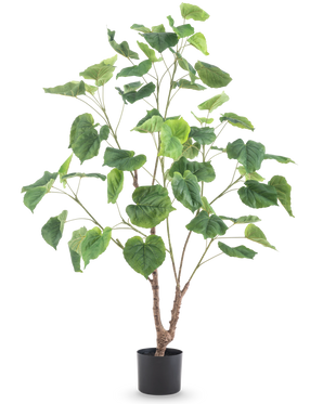 La Planta Artificial Ficus 120 cm es una planta artificial alta con varias ramas delgadas y grandes hojas verdes en forma de corazón, en una sencilla maceta negra sobre un fondo blanco.