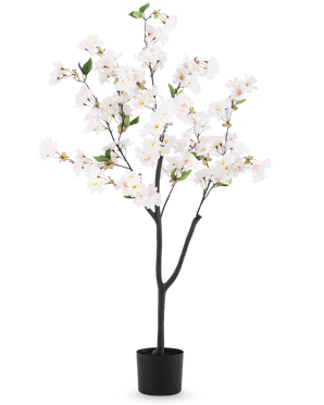 La Flor de Cerezo Artificial 120 cm blanca es un árbol artificial en una maceta con ramas de color marrón oscuro, hojas verdes y ramos de flores blancas sobre un fondo blanco liso.