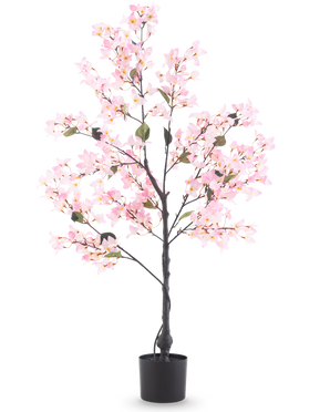 La buganvilla artificial rosa de 120 cm es un árbol artificial en una maceta con hojas verdes y flores de un rosa vibrante, representado sobre un fondo blanco liso.