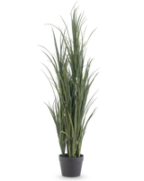 El Césped Artificial Verde UV 120 cm es una planta de césped artificial alta con hojas verdes largas y delgadas en una sencilla maceta negra, sobre un fondo blanco liso.