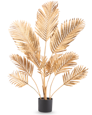 La Palmera Artificial Areca dorada de 120 cm tiene hojas de palma doradas metálicas en una maceta negra, sobre un fondo blanco liso.