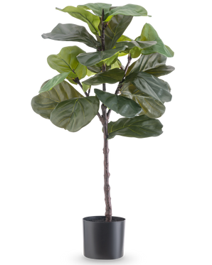 La planta artificial Ficus Tobacco Plant Deluxe 90 cm es una planta de interior artificial alta con hojas grandes y de color verde brillante en una maceta negra, representada sobre un fondo blanco liso.