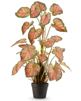 La Planta Artificial Caladium 90 cm rosa es una planta de maceta con grandes hojas en forma de corazón con bordes verdes y corazones rosas, presentada en posición vertical en una maceta negra sobre un fondo blanco.