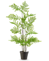 La planta de helecho artificial de 85 cm tiene delicadas hojas de color verde plumoso y múltiples tallos largos y delgados, presentados en una maceta sobre un fondo blanco liso.