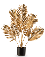 La Palmera Artificial Areca dorada 80 cm es una planta decorativa en maceta con hojas de palma doradas metalizadas en una maceta negra, sobre un fondo liso blanco.