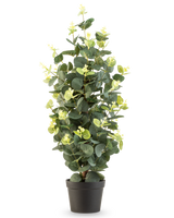 La Planta Artificial Eucalipto 61 cm es una planta artificial en maceta con hojas verdes en una sencilla maceta negra, que se alza sobre un fondo blanco.