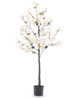 La buganvilla artificial blanca de 150 cm es un árbol artificial alto con luces blancas y hojas verdes, en una maceta cilíndrica negra sobre un fondo blanco liso.