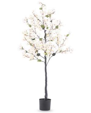 La buganvilla artificial blanca de 150 cm es un árbol artificial alto con luces blancas y hojas verdes, en una maceta cilíndrica negra sobre un fondo blanco liso.