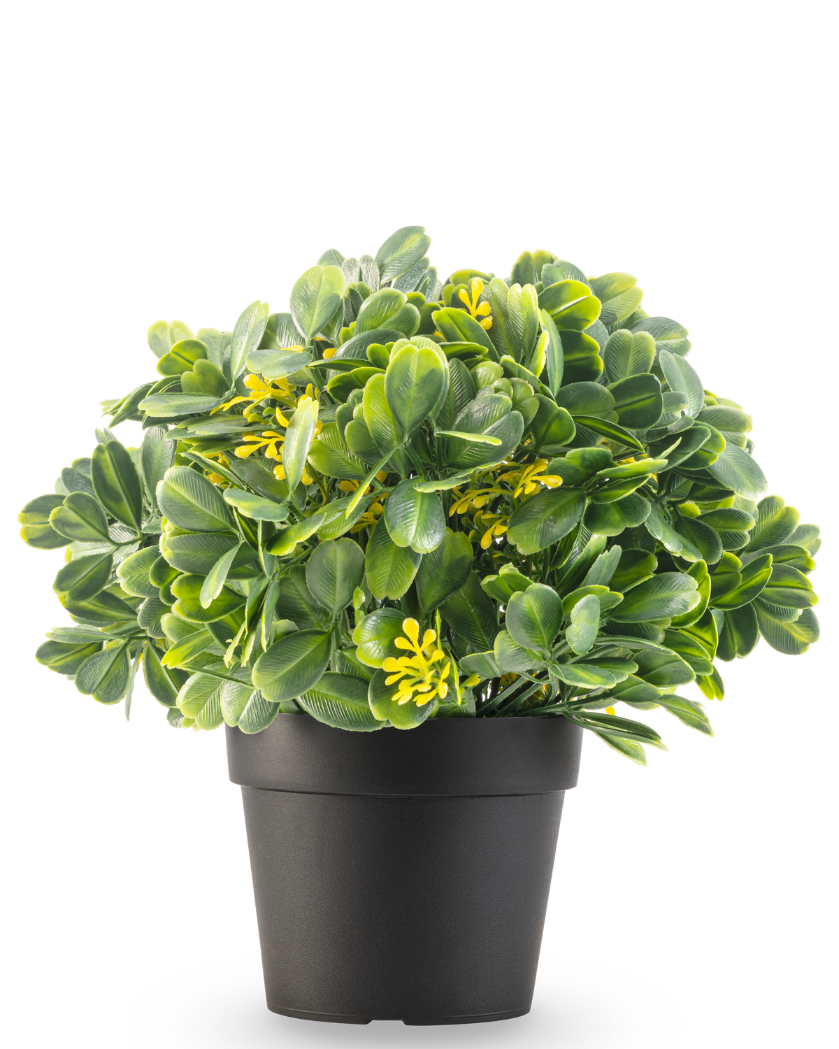La Planta Artificial Verde/amarillo UV 21 cm tiene hojas verdes y pequeñas flores amarillas en una maceta lisa de color negro, sobre un fondo blanco.