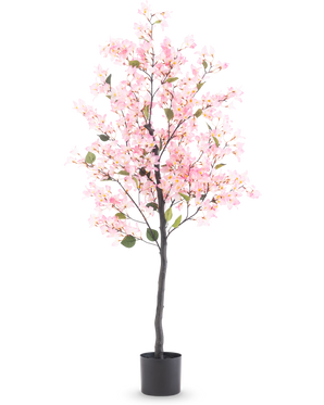 Planta artificial Bougainvillea de 150 cm de color rosa con flores rosas y hojas verdes en una maceta negra, aislada sobre fondo blanco.