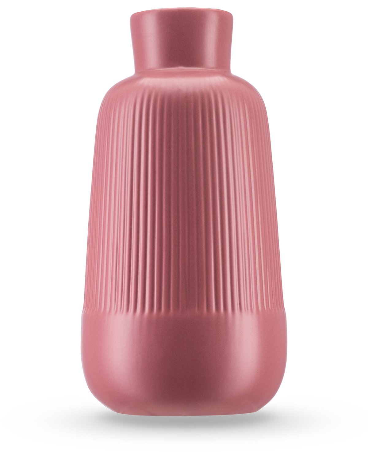 El Jarrón Notes 25 cm rosa viejo tiene un acabado cerámico mate, cuerpo ancho, cuello estrecho y nervaduras verticales en la parte superior. La base redonda lisa y el diseño minimalista lo hacen ideal para presentar flores de seda.