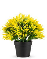 La Planta Artificial Sol Amarillo en Maceta UV 22 cm tiene una maceta negra con una densa planta artificial de hojas puntiagudas de color amarillo y verde, perfecta para iluminar cualquier estancia.