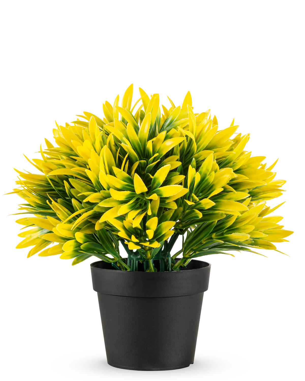 La Planta Artificial Sol Amarillo en Maceta UV 22 cm tiene una maceta negra con una densa planta artificial de hojas puntiagudas de color amarillo y verde, perfecta para iluminar cualquier estancia.