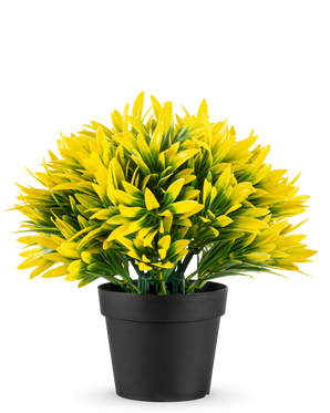 La Planta Artificial Sol Amarillo en Maceta UV 22 cm tiene una maceta negra con una densa planta artificial de hojas puntiagudas de color amarillo y verde, perfecta para iluminar cualquier estancia.