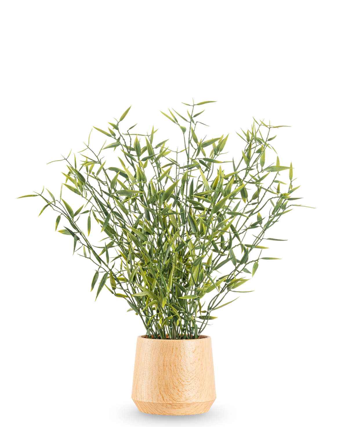 La Planta Artificial Bambú de 43 cm tiene bambú de hojas verdes con tallos delgados en una maceta de madera clara, sobre un fondo blanco liso.