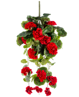 La planta colgante artificial Geranio 75 cm rojo tiene flores de geranio artificiales de color rojo vibrante con exuberantes hojas verdes que caen elegantemente.