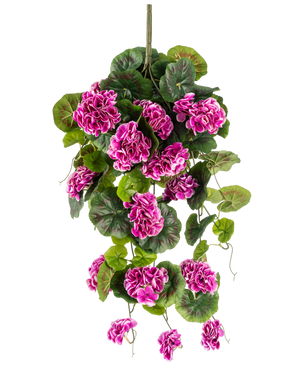 La planta colgante artificial Geranio de 75 cm violeta tiene exuberantes hojas verdes y racimos de vibrantes flores violeta-magenta con bordes blancos, que caen con gracia por un tallo vertical para una hermosa exhibición colgante.