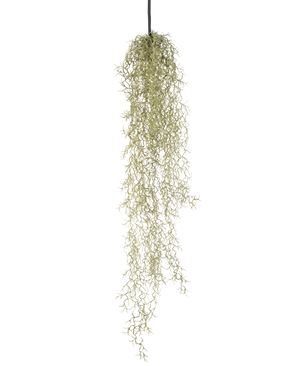 Una planta colgante artificial Hierba de 91 cm con hojas largas y colgantes de color verde claro cuelga de un cordón negro sobre un fondo blanco liso.