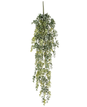 La Planta Colgante Artificial Eucalipto de 60 cm tiene pequeñas hojas verdes redondas y realistas que caen, creando un eucalipto artificial realista sobre un fondo blanco liso.