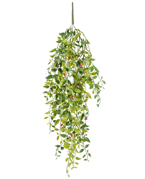 La planta colgante artificial Gardenia con bayas 81 cm es una planta colgante artificial con hojas verdes y pequeños frutos rojos, representada sobre un fondo blanco.