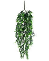 La planta colgante artificial Eucalipto UV 80 cm tiene densas hojas verdes en cascada y un tallo visible en la parte superior, sobre un fondo blanco liso.