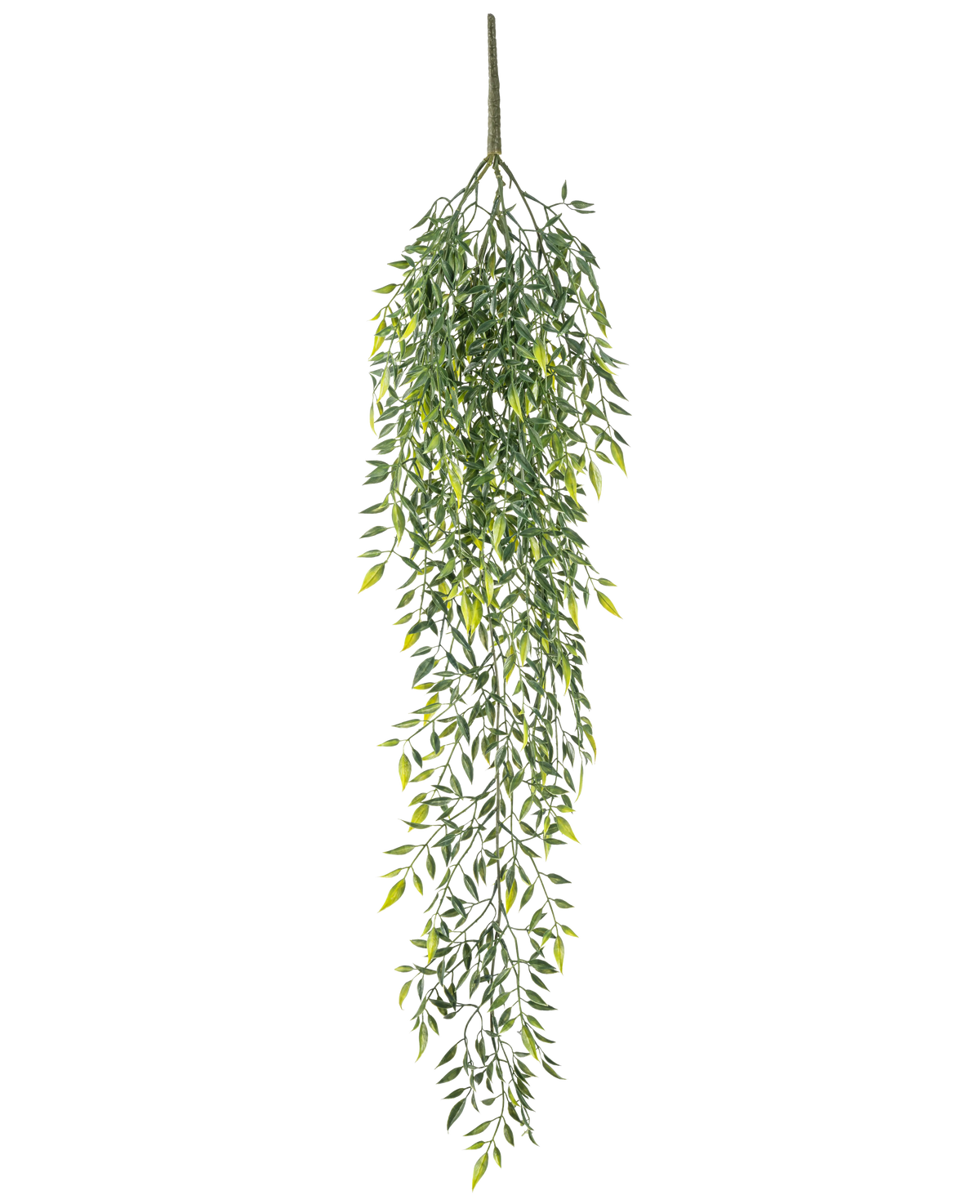 La Planta Artificial Colgante Bambú 90 cm es un arbusto artificial de bambú colgante con muchas hojas pequeñas en finas ramas, sobre un fondo liso blanco.