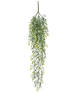 La Planta Artificial Colgante Bambú 90 cm es un arbusto artificial de bambú colgante con muchas hojas pequeñas en finas ramas, sobre un fondo liso blanco.