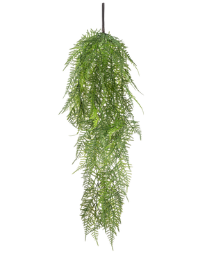 La planta colgante artificial Espárragos de 78 cm tiene hojas verdes largas y delicadas que caen, creando una imagen exuberante y realista sobre un fondo blanco liso.