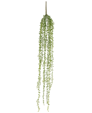 La planta colgante artificial Senecio 91 cm tiene tallos largos y colgantes con pequeñas hojas verdes, creando una elegante planta colgante artificial sobre un fondo blanco liso.