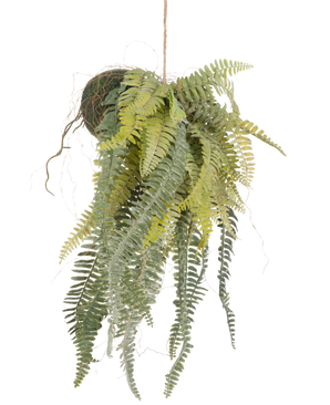 La planta colgante artificial Frosted Fern on ball 97 cm tiene elegantes y largas hojas verdes que cuelgan de una bola cubierta de musgo sujeta por una fina cuerda. Una planta de interior elegante que no requiere mantenimiento y que encaja perfectamente en cualquier interior.