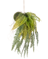 La planta colgante artificial Helecho sobre bola de 63 cm tiene hojas verdes exuberantes y delicadas. Colgada de una cuerda delgada sobre un fondo blanco, es la planta colgante perfecta y sin mantenimiento para cualquier habitación.