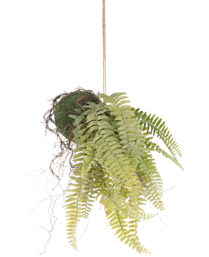 La planta colgante artificial Frosted Fern on ball de 76 cm tiene hojas de helecho verdes realistas y raíces expuestas en estilo kokedama, colgando de un cordón marrón, perfecta para añadir un verdor duradero a cualquier habitación.