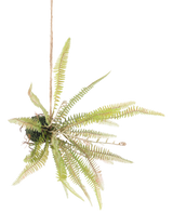 La bola de helecho artificial colgante de 45 cm tiene hojas verdes largas y delgadas que sobresalen y se cuelga con una cuerda sobre un fondo blanco liso.