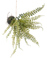 La bola de helecho artificial colgante de 45 cm tiene hojas verdes parecidas a un helecho y cuelga de una cuerda, perfecta para exhibir sobre un fondo blanco.