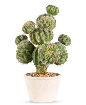 El Cactus Artificial de 32 cm tiene un cactus verde, redondo y con espinas en una maceta de cerámica blanca llena de pequeñas piedras sobre un fondo gris claro.