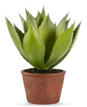 La Planta Artificial Agave 25 cm tiene hojas verdes gruesas y puntiagudas en una maceta de color marrón rojizo con textura, sobre un fondo blanco liso.