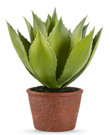 La Planta Artificial Agave 25 cm tiene hojas verdes gruesas y puntiagudas en una maceta de color marrón rojizo con textura, sobre un fondo blanco liso.