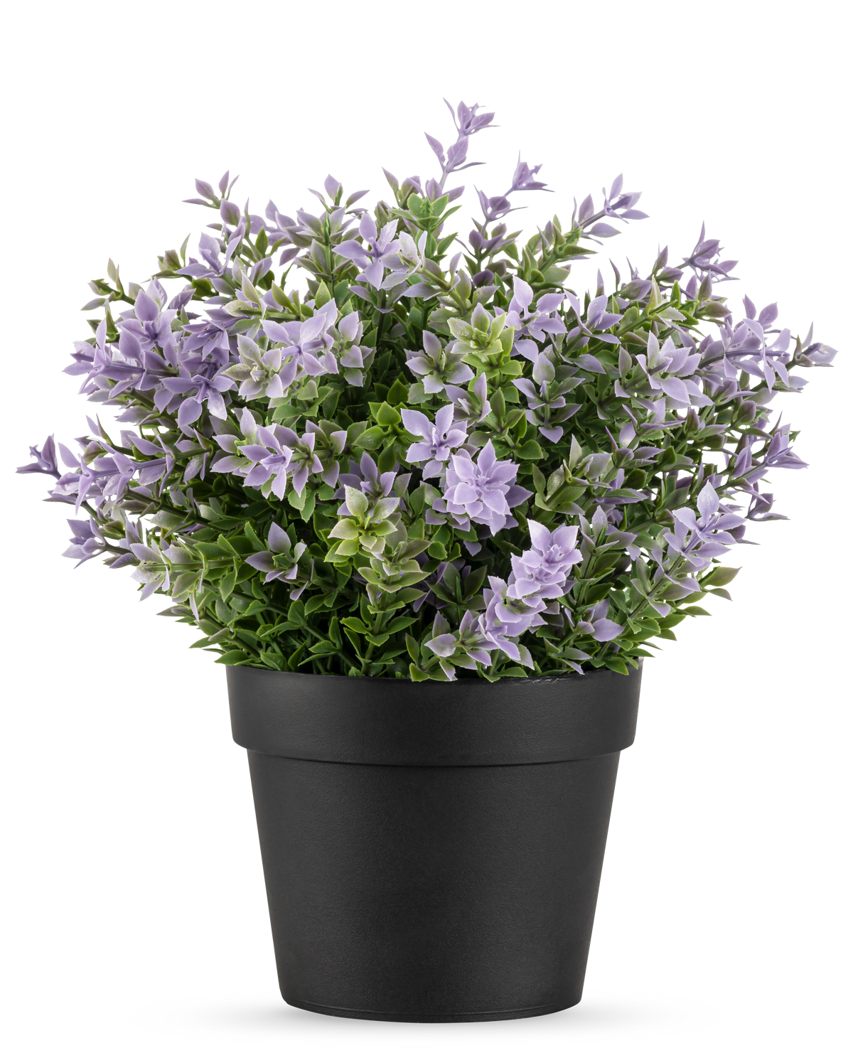 La Planta Artificial Buxus violeta UV 22 cm tiene una maceta negra con una exuberante planta artificial con pequeñas flores de color violeta claro y hojas verdes sobre un fondo blanco liso.