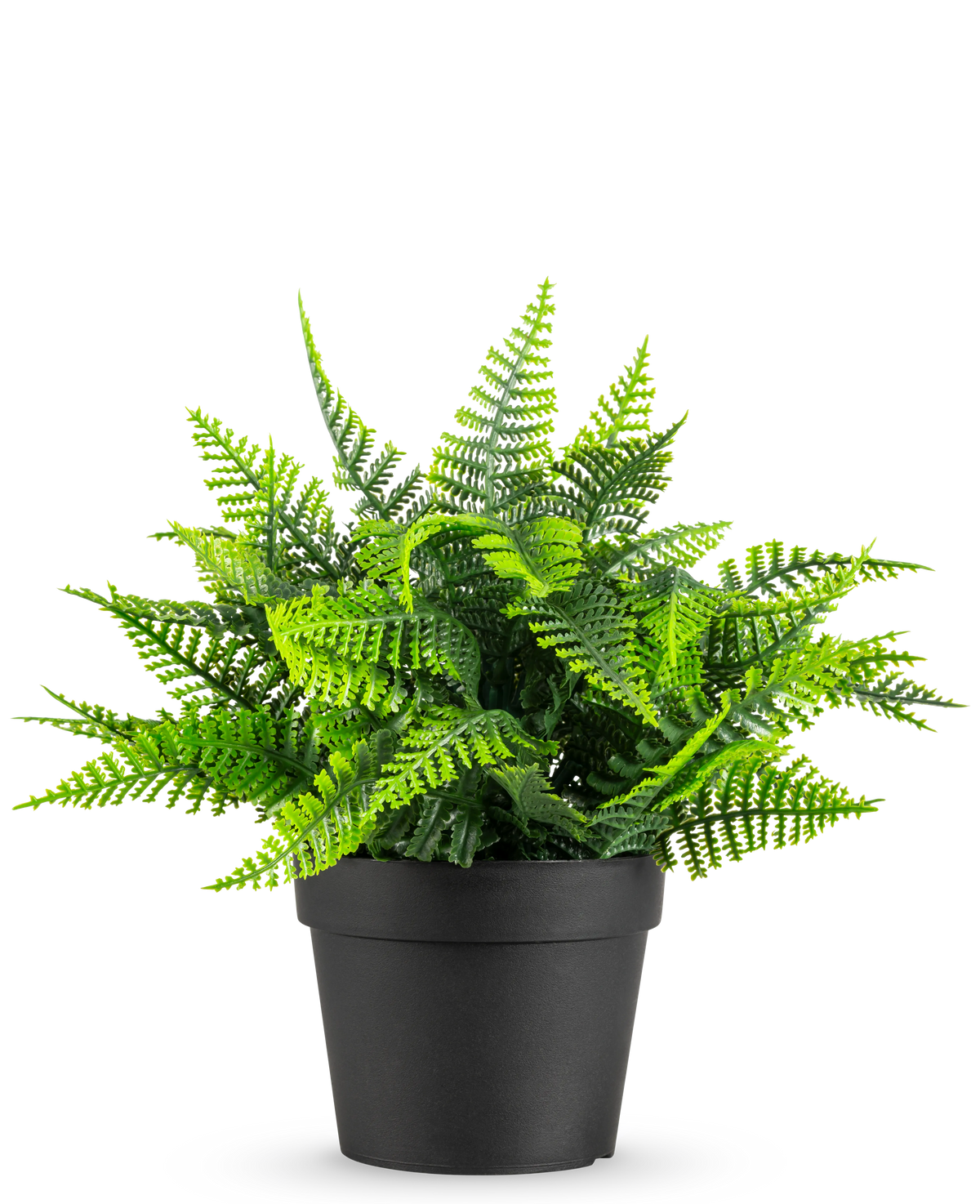La planta artificial Helecho en maceta UV 23 cm tiene un helecho verde realista con hojas plumosas en una sencilla maceta negra, sobre un fondo blanco.