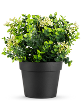 La Planta Artificial Mezcla de Eucalipto UV 22 cm tiene hojas de color verde brillante y pequeñas flores blancas en una sencilla maceta negra, sobre un fondo blanco.