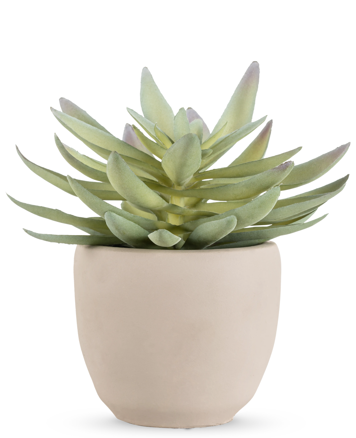 La planta suculenta artificial de 18 cm tiene hojas verdes gruesas y puntiagudas en una sencilla maceta redonda de cerámica blanquecina, sobre un fondo blanco.