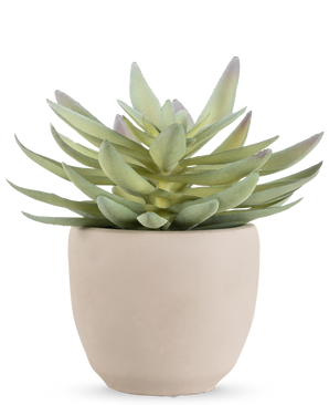 La planta suculenta artificial de 18 cm tiene hojas verdes gruesas y puntiagudas en una sencilla maceta redonda de cerámica blanquecina, sobre un fondo blanco.