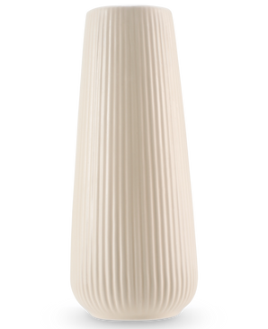 El Vase Dust 20 cm beige es un jarrón alto de cerámica de color blanco roto con un acabado liso mate y nervaduras verticales. El diseño moderno y ligeramente cónico lo hace perfecto como jarrón para flores artificiales.