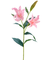 La flor artificial Lirio Real Touch rosa de 95 cm tiene un único tallo verde con dos lirios rosas en flor y un capullo cerrado, rodeado de hojas verdes largas y puntiagudas, sobre un fondo blanco.