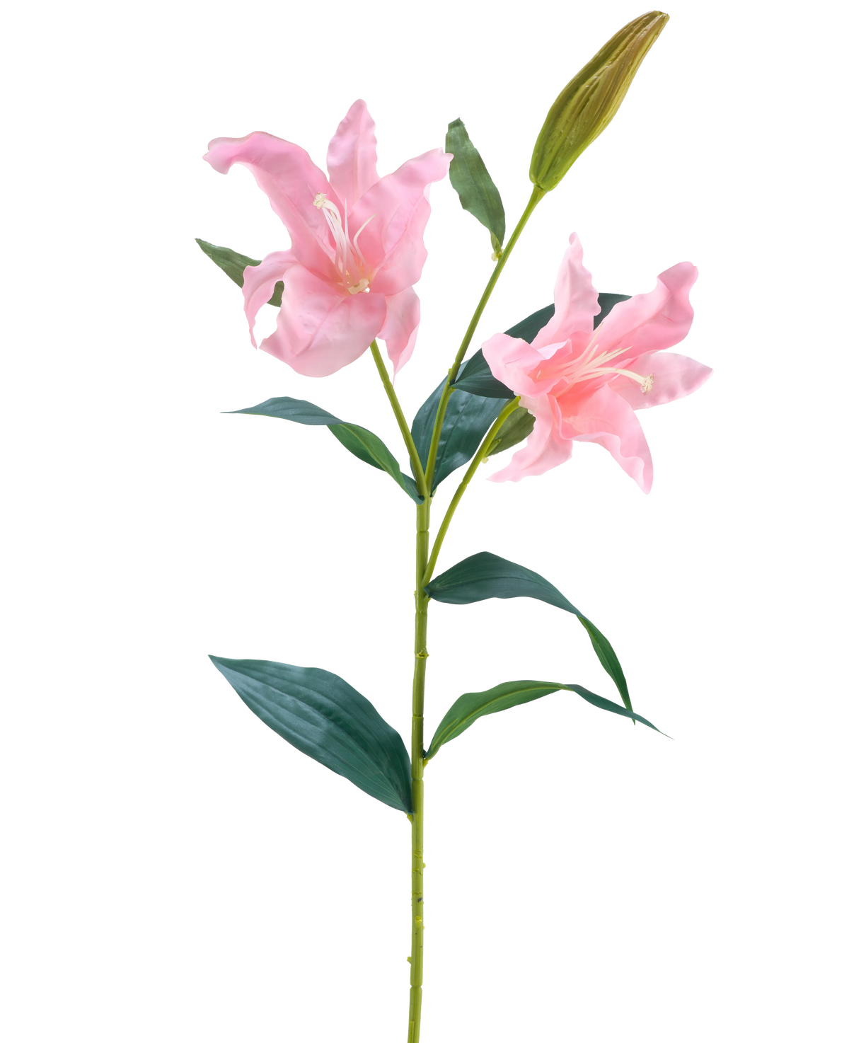 La flor artificial Lirio Real Touch rosa de 95 cm tiene un único tallo verde con dos lirios rosas en flor y un capullo cerrado, rodeado de hojas verdes largas y puntiagudas, sobre un fondo blanco.