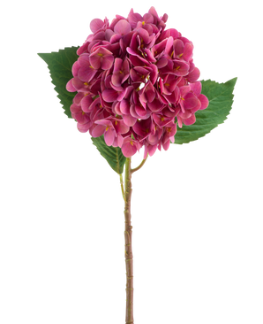 Una flor Real Touch de hortensia artificial de color rojo púrpura con hojas verdes, de 58 cm de altura.