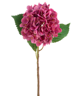 Una flor Real Touch de hortensia artificial de color rojo púrpura con hojas verdes, de 58 cm de altura.